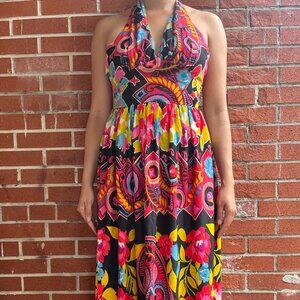 Vintage Multicoloured and Black Summer Halter Dress Ankle Length Size Small